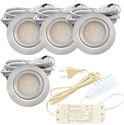 4er Set LED Einbauleuchte Leni 12V 2,2W 4000K Neutralweiß | Ø54-60mm Flach Edelstahl gebürstet | IP44 | inkl. Plug-and-Play Trafo & 230V Zuleitung | Für Bad, Küche, Möbel | Einheitliche Lichtfarbe