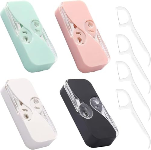 4 Pack Portable Floss Dispenser with 48 Dental Floss,Flosser Storage Box for Adults,Zahnstocherhalter Geeignet für Tourismus und Geschäftsreisen White Black Pink Mint Green