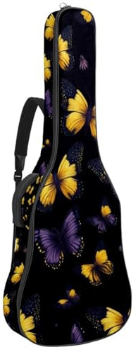 Custodia imbottita per chitarra acustica con sfondo nero, motivo farfalle gialle e viola, custodia protettiva per basso elettrico e chitarra classica, Multicolore 04, 42.9x16.9x4.7 in, Zaino casual