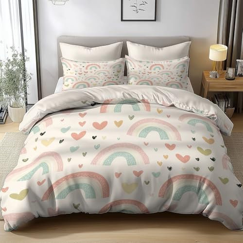 Generico Bedding Set Copripiumino Reversibile 220x230cm 3D Stampa Stile Cartoon Arcobaleno A Forma Di Cuore Morbida Microfibra Ipoallergenico Biancheria da Letto Set 3 Pezzi con Chiusura a Cerniera