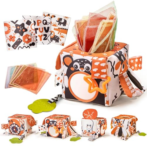 TUMAMA KIDS Juguetes Bebes 0 3 6 9 Meses, Juguetes Montessori Bebes, Caja Pañuelos Juguete, Negro, Blanco, Alto Contraste, Espejo, Mordedor, Regalo Recién Nacido