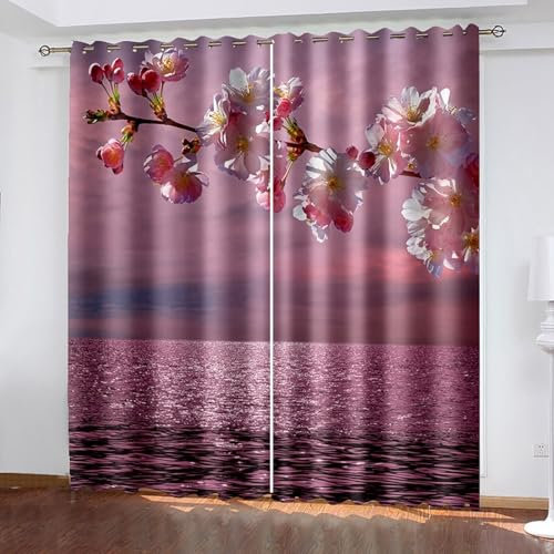 ANAZOZ Occhielli Tenda,2 x 102W x 244H CM,Tenda a Pannello Oscurante 2 Pannelli Motivo di Rami di Fiori e Mare Tende Rosa Viola