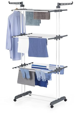 EASYmaxx Klappbarer Wäscheständer | Effizientes Trocknen mit 3 Ebenen, 2 Seitenflügeln & leichtem Aufbau | Platzsparend, vielseitig und mobil für drinnen und draußen, Grau/Weiß