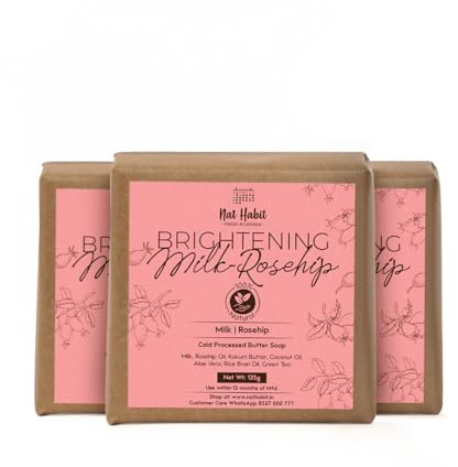 Nat Habit Milk Rosehip Bath Soap with Lactic Acid, Kokum Butter|Cold Processed for Skin Brightening, Anti-Aging & Anti-Acne | Moisturizing Milk Soap, Gentle Exfoliation | Pack of 3 X 125g