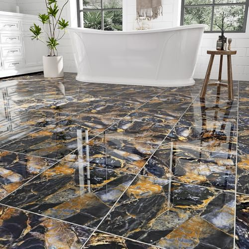 30-Pack Peel and Stick Floor Tiles Waterproof, Polish Blue Gold Stone Marble Vinyl Flooring, Self Adhesive Tile for Bathroom, Kitchen, Living Room, RV, 12 x 12, Vinyl Floor Tiles Cover 30 Sq.Ft