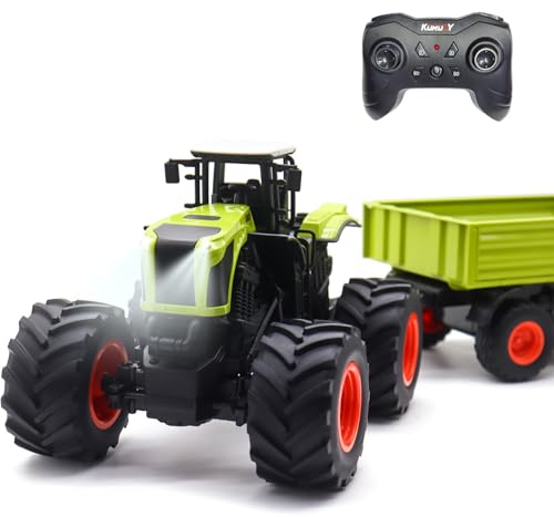 fisca Trattore radiocomandato radiocomandato con rimorchio di sollevamento e ribaltabile, camion giocattolo con suono e luce, 6 tasselli in legno, adatto per ragazzi e ragazze dai 3 4 5 6 anni
