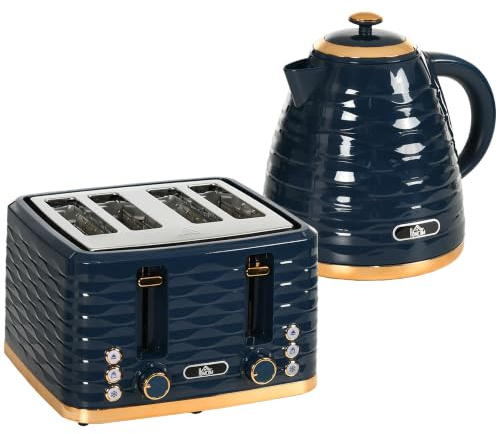 HOMCOM Wasserkocher Toaster Set Frühstück-Set Blau | 2200 W, 1,7L Wasserkocher mit Otter Thermostat, 4 Scheiben Toaster, 7 Bräunungsstufen, Auftauen, Aufwärmen, Krümelfach