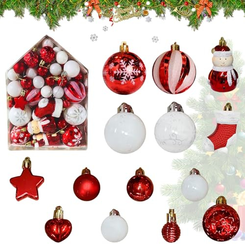 Boule de Noel Decoration,72 Pièces Decoration Noel Sapin,Boules de Noël en Plastique,Boules de Noël Rouge Blanc,Noel Decoration Sapin Boules,pour Sapin de Noël,Fêtes,Mariage