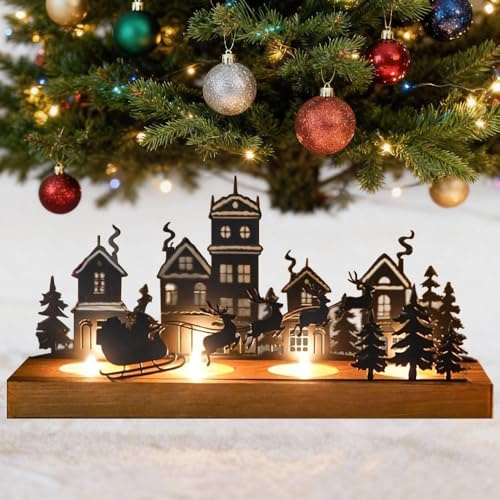 Nzkeuf Adventskranz Modern, Advent Kerzenhalter, Adventskranz Holz Teelichthalter Weihnachten mit Metall Hirsch, Weihnachtsdeko Tisch für 4 Teelichter, Adventsgesteck Länglich