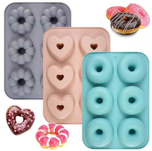 3 stycken munkformar, 26 x 18 cm munkform, silikon, 6-håls munutformning, rund, blomformad och hjärtformad, rosa, grön och grå, donut silikonform, bagel bakform för munkar, bagels, muffins och