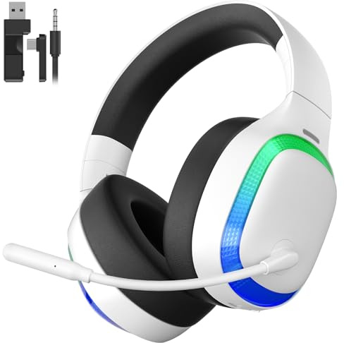 SEJJ 2.4Ghz Wireless Gaming Headset for PS5, PS4, PC, Mac, Bluetooth 5.4 Gaming Headphones with Noise Canceling Mic, 70H Battery, Surround Sound, Lay-Flat & Foldable - RGB White