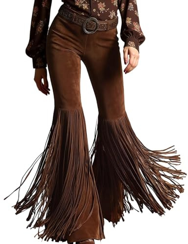 Pantaloni da donna in pelle scamosciata, stile vintage, con nappe, gamba larga, con frange, western cowgirl hippie costume retrò da cowboy pantaloni da caccia a gambe larghe, tinta unita