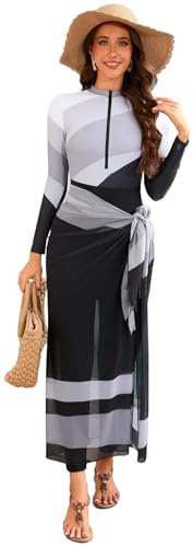 seafanny Women's Modest Swimwear - Long Sleeve Rash Guard with Attached Sarong Wrap (Burkini) - Geometric Print