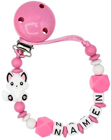 Nuckelkette mit Namen  FUCHS  in verschiedenen Farben/Baby/Unisex/Personalisiert/HANDMADE (Babyrosa Weiß)