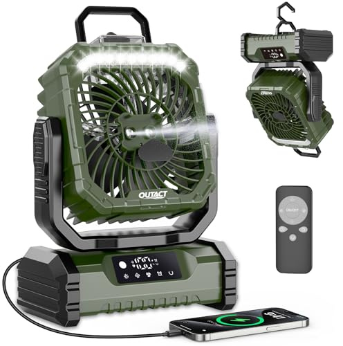 Deepoter Ventilador Camping Recargable con Nebulizadory Luz LED - Verde | 20000mAh,de LED,Portátil USB Silencioso, Oscilación Ventilador Batería para Tienda, Caravana, Supervivencia, Oficina, Exterio
