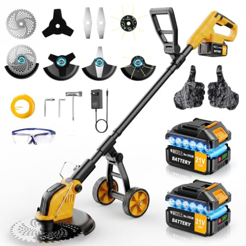 Desbrozadora eléctrica inalámbrica,30CM Desbrozadora con Ruedas,2 * 3.0 Ah Baterías y Cargador,Motor sin Escobillas 800W,Cortadora de Césped con 4 Tipos de Cuchillas para Recortar Césped y Arbustos