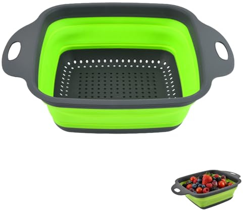 Small Collapsible Colander with Handles, Silicone Folding Kitchen Strainer for Sink, Space Saving Pasta Vegetable and Fruit Drainer, Grey and Green (Small)