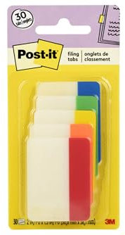 Post-it Sticky Tabs, 2 in. x 1.5 in., 5 Pads of Book Tabs in Assorted Colors for Bookmarking, Annotating, Reading, and Reminders, Yellow, Red, Green, Blue, and Orange Colors (30 Total Count)