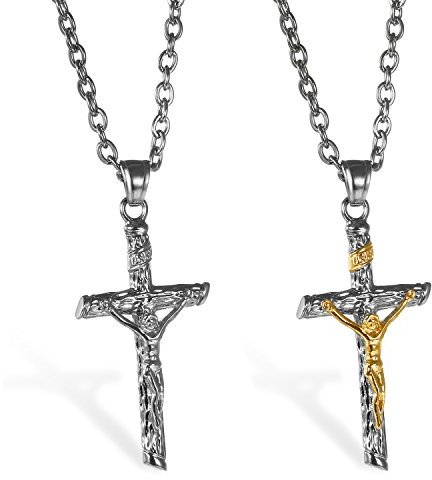 JewelryWe Herren Halskette mit Jesus Kreuz Anhänger Edelstahl Klassisch Jesus Christus Kruzifix Kette Silber Gold