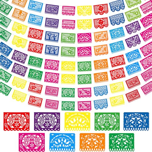 Boao 4 Packs 60 ft Mexican Party Decorations Fiesta Banner Plastic Papel Picado Banner Garland Cinco De Mayo Decor Dia De Los Muertos Hanging Decor Halloween Fiesta Mexican Birthday Party Supplies