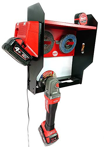 MegaMaxx Angle Grinder Storage Charging Station - Wall Mount Toolbox Rack Cabinet with Shelf Unit, Fold-Out Hangers for Cutting Discs, Flap Discs (2 Tool Capacity, Red & Black)