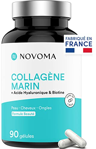 NOVOMA Collagène Marin + Acide Hyaluronique, 1000 mg de Collagene Pur Hydrolysé Type 1 & 3, Avec Vitamine C, Zinc et Biotine, Beauté de la Peau, Cheveux et Ongles, 90 gélules
