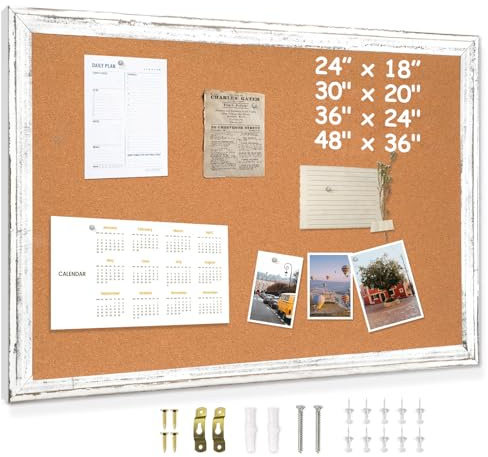 DOLLAR BOSS White Cork Board for Wall - 24 X 18 Inches, Rustic Wooden Frame Bulletin Board, Decorative Hanging Pin Board for Office & Home Decor
