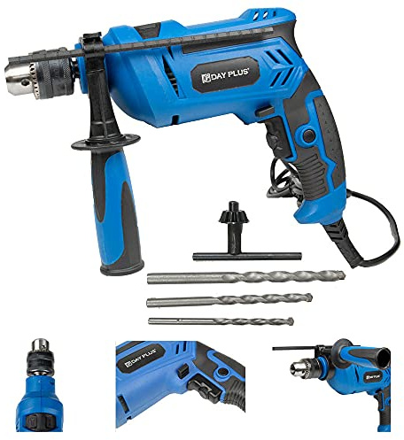 DayPlus 850W Electric Corded Impact Hammer Drill with Drill Bit Set Tool Kit for Wood Concrete Steel, 3000rpm Variable Speed Depth Gauge Chuck Key Mains