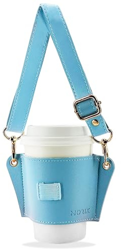 MORIK Portabebidas con Soporte para popote y Correa Ajustable, Soporte de Cuero Reutilizable para Tazas de café con asa/Correa para el Hombro, Portador portátil para Vaso/café/té de Burbujas Boba