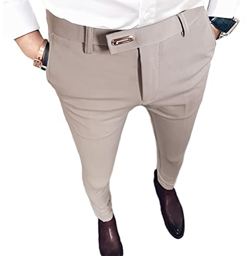 Onsoyours Pantalon Chino Homme Rayé Casual Élastique Slim Fit Pantalon à Carreaux Business Décontracté avec Boucle en métal
