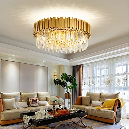 Luxury E14 Crystal Chandelier,2 in 1 Chandeliers Ceiling Light,Gold Ceiling Lights Living Room,Round Lampshades 3 Tiers K9 Crystals Pendant Light (55 * 55 Cm Gold)