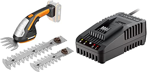 Worx WG801E.9 20V Gras- und Strauchschere WG801E inkl. 3 Verschiedene Messer, ohne Akku und Ladegerät & WA3880 Akku Ladestation – Akku Schnell-Ladegerät - universal für alle WORX PowerShare 20V Akkus