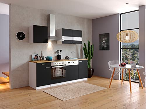 respekta Küchenzeile Malia KB220WSCG Schwarz 220 cm Breite mit Elektrogeräten