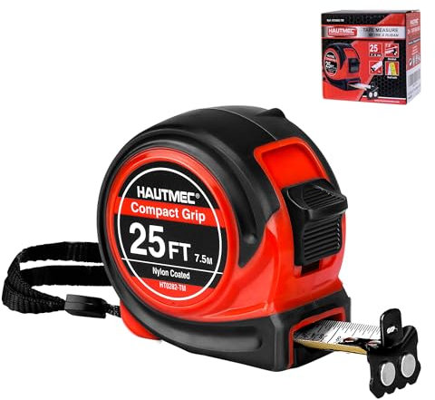 HAUTMEC Tape Measure 25ft with 1/8 Fractional Markings Dual Metric/Imperial Scale with Magnetic Hook Measuring Tape for Construction, Woodworking，Carpentry & DIY HT0282-TM