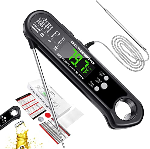 Meat Thermometer Digital, Instant Read Food Thermometer IP67 Waterproof Meat Thermometers with Foldable 2 Long Probe, Backlight LCD Screen, Temperature Alarm & Auto On/Off for Cooking Baking Candy BBQ
