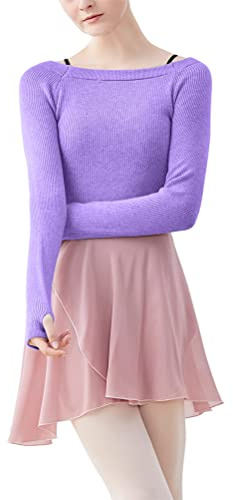 ORANDESIGNE Enfant Fille Hauts Tricoté Pull Haute de Ballet Danse Jazz Latine Ballerine Tops T-Shirt à Manches Longues Cache-Coeur pour Justaucorps Filles Top Gymnastique A Violet 130