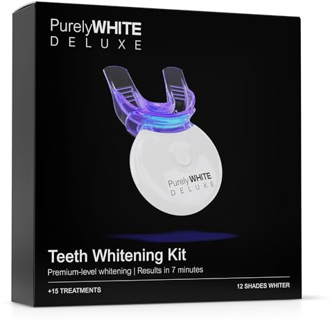 PurelyWHITE DELUXE Teeth Whitening Kit, Complete LED Teeth Whitening, 15+ Treatments, (3) 3ml Whitening Gel Syringes, Whiter Smile in 7 Minutes