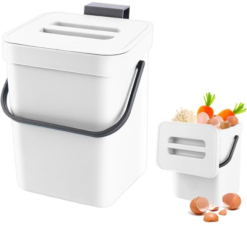 Secchio da Compost da Cucina Piccolo, Bidone della Spazzatura da Appendere, Biometro, Pattumiera per Piano di Lavoro, Contenitore con Coperchio, Compostiera, per Interni, 3 L, Bianco