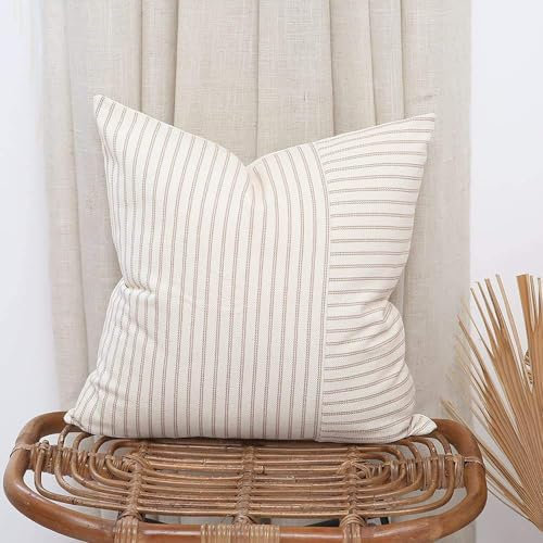 2er Set Kissen mit Füllung (60x60cm Creme) Modell Ella gestreift mit verstecktem Reisverschluss, als Sofakissen, Couchkissen Dekokissen Zierkissen, Premium Füllkissen inklusive, Doppelpack