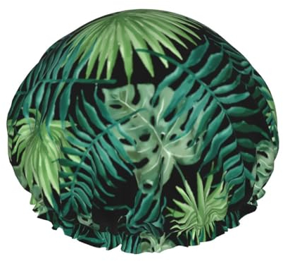 Transparente Duschhaube mit Palmblatt-Muster, doppellagig, wasserdicht, für Damen, langlebig, leicht und tragbar, Badzubehör für langes Haar