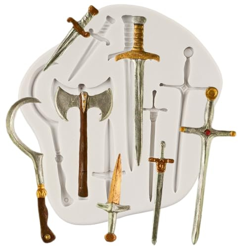 Molde de silicona con forma de espada de armas, hacha, cuchillo, fondant, para decoración de pasteles, cupcakes, chocolate, caramelo, azúcar, manualidades, resina polimérica, arcilla y pasta de goma