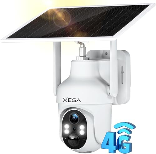 Xega 4G LTE Telecamera SIM Esterno con Pannello Solare, 2K HD PTZ Telecamere Senza Fili con Scheda SIM Batterie, Visione Notturna a Colori, Rilevamento del Movimento, Rotazione 355°/90°, TF/Cloud (1)
