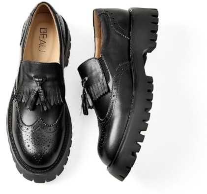 BEAU TODAY Chunky Loafers for Women, Women’s Leather Platform Loafers, Lug Sole Tassel Slip On Loafers Shoes Brogues Wingtip Casual Business Shoes Comfortable Dressy Black US 6.5