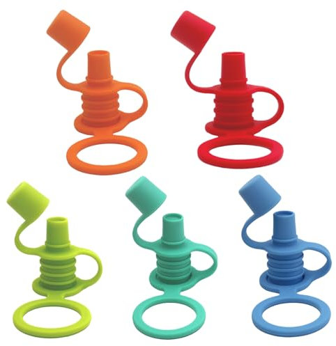 Jeorywoet No Spill Silicone Bottle Top Spout, 5PCS BPA Free Silicone Bottle Toppers with Hook, Replacement Water Bottle Cap for Toddlers, Baby and Adults, Pouch Topper No Spill