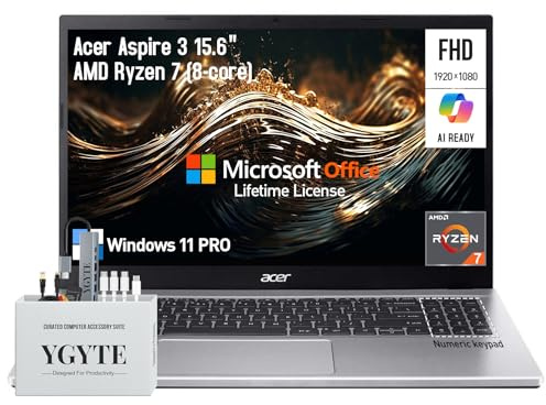 acer Aspire 3 15.6 Laptop Computer, 15 Inch FHD College Students Business Laptop PC, AMD Ryzen 7, 64GB RAM 2TB SSD+512GB Docking Set, Windows 11 Pro Lifetime Office,10-Key,Ethernet Port