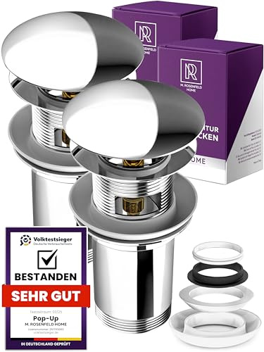 M. ROSENFELD HOME 2 st. avloppsset handfat 1 1/4 tum – push up pop-up avloppsventil för tvättställ, handfat och avloppssats med bräddavlopp, tvättställ tillbehör