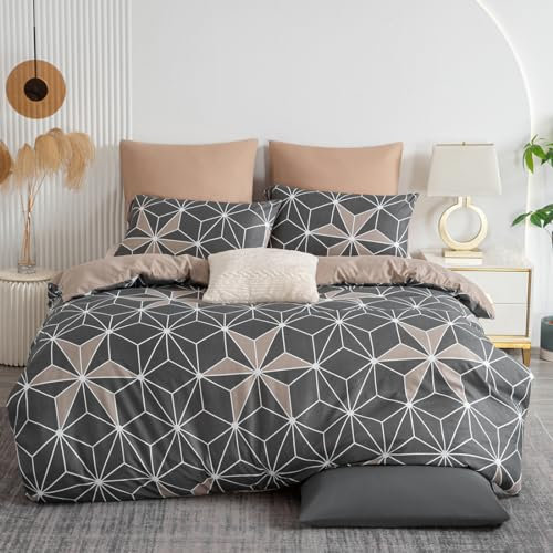 Soifox Bettwäsche 200x200 Grau Bettgarnitur - Geometrisch Bettwäsche Sets Microfaser Bettbezug 200 x 200cm mit Kissenbezug Bügelfrei & Knitterfrei Modern Deckenbezug mit Reißverschluss