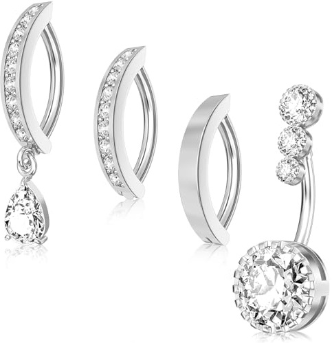 Eyezeeption 4 Stück Bauchnabelpiercing Ring Bauchnabelpiercing 10mm 12mm Stablänge Clip Silber mit Strass Bauchnabelpiercing Chirurgenstahl Geschenk für Frauen Schmuck