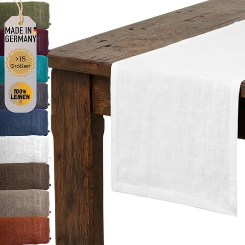 chambry Premium Tischläufer 100% Leinen Stonewashed - Handarbeit Made in Germany - natürliche und hochwertige Tischdekoration aus Naturmaterial - Weiß 40cm x 240cm