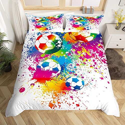 Homemissing Sport du Football Parure de Lit 240x260cms Football en Couleur Housse de Couette Jeunes Hommes Thème Sport Literie Lumineux Coloré Décor De Chambre Filles Ados Tie Dye Ballon De Football